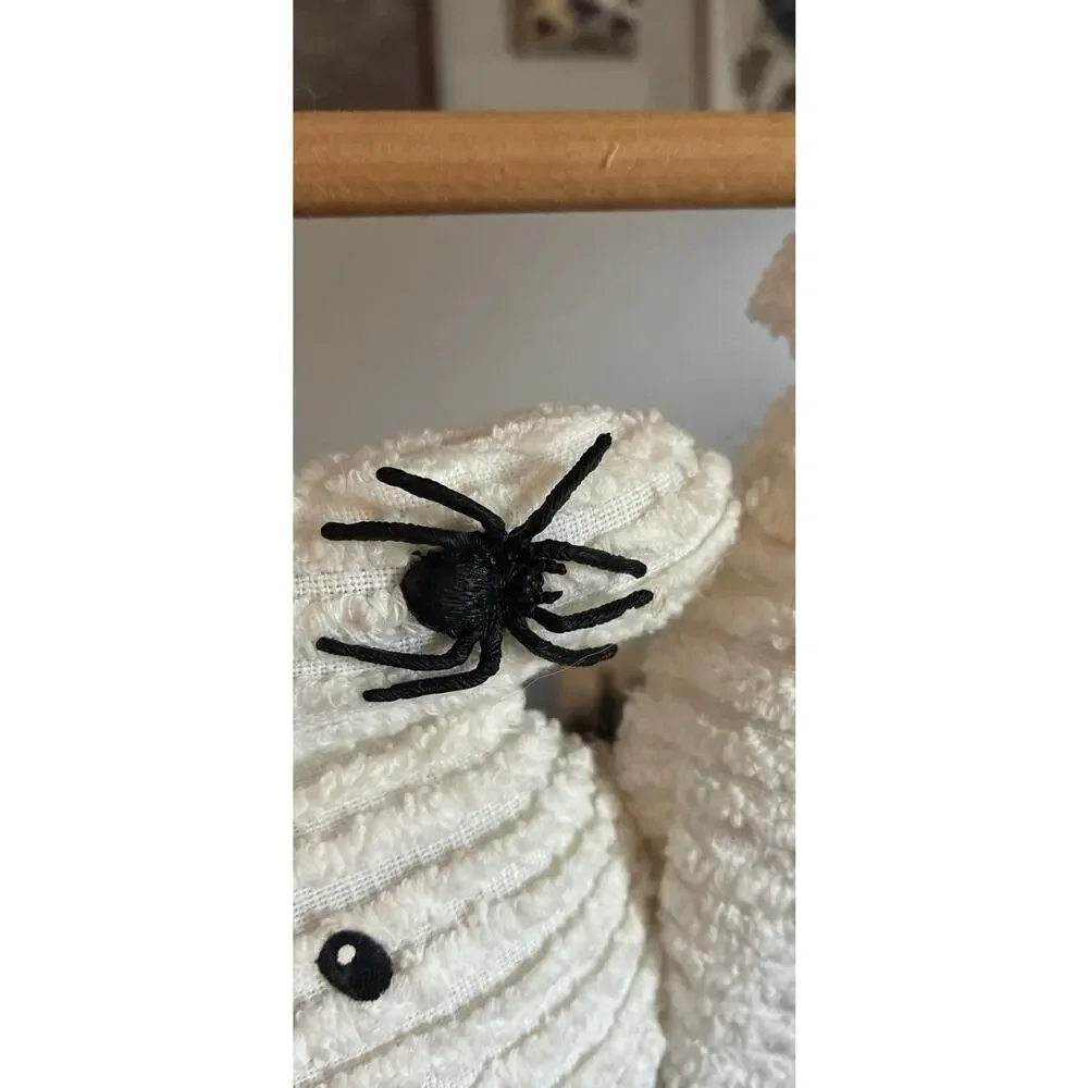 Vtg BOO White Chenille 3D Ghost Spider Attached Wooden Dowel & Hanger Bats Bow